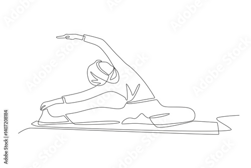 Muslim woman wearing hijab doing pilates. Hijabi pilates concept one-line drawing