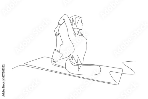 Muslim woman wearing hijab doing pilates. Hijabi pilates concept one-line drawing