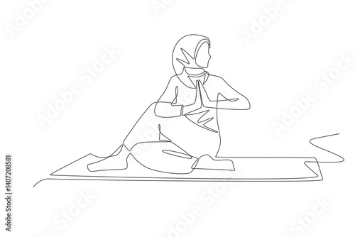 Muslim woman wearing hijab doing pilates. Hijabi pilates concept one-line drawing