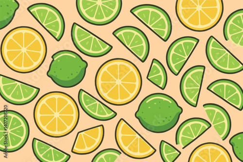 Vibrant citrus pattern with lemon and lime slices for summer design