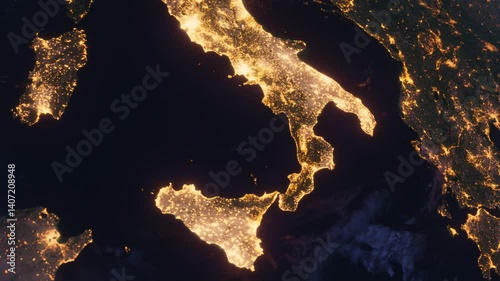 Europe from Space at Night. Night City Lights. Earth From Space Orbit. Night Globe, 4k, 29.97 fps.
Western Europe, Italy
