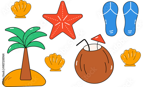 Summer set of cartoon elements