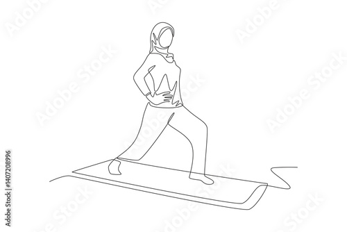 Muslim woman wearing hijab doing pilates. Hijabi pilates concept one-line drawing