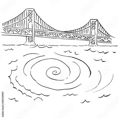 観光/四国徳島県の名所「大鳴門橋と鳴門の渦潮」＿手描き線画カットイラスト・モノクロ
