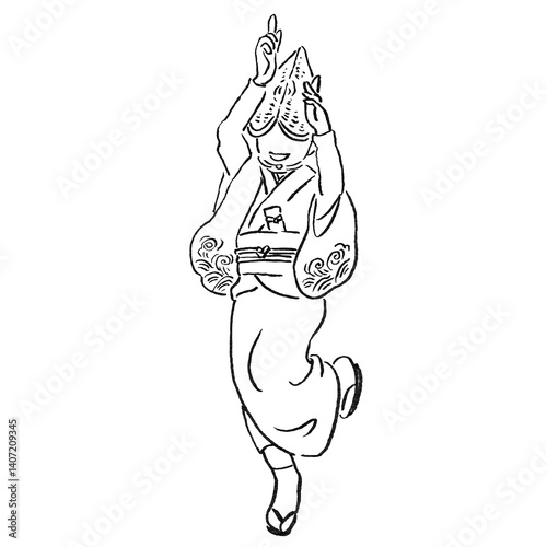 観光/四国徳島県の阿波踊り[女踊りの手描き線画カットイラスト]モノクロ
