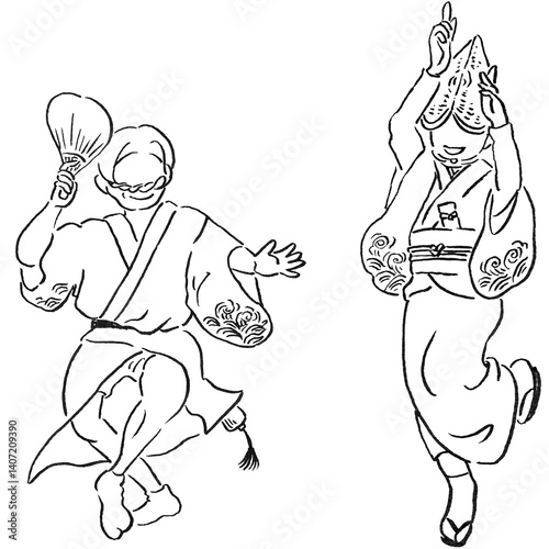 観光/四国徳島県の阿波踊り[女踊りと男踊りの手描き線画カットイラスト]セット＿モノクロ
