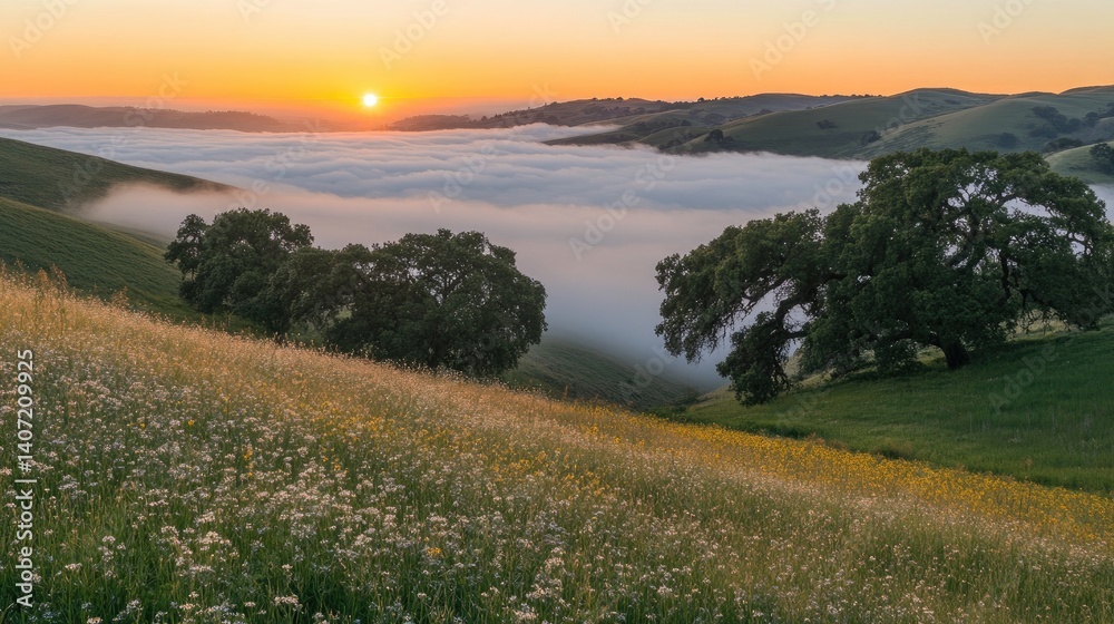 Obraz premium Rolling fog in a valley as the sun sets above, casting light over treetops and misty hills