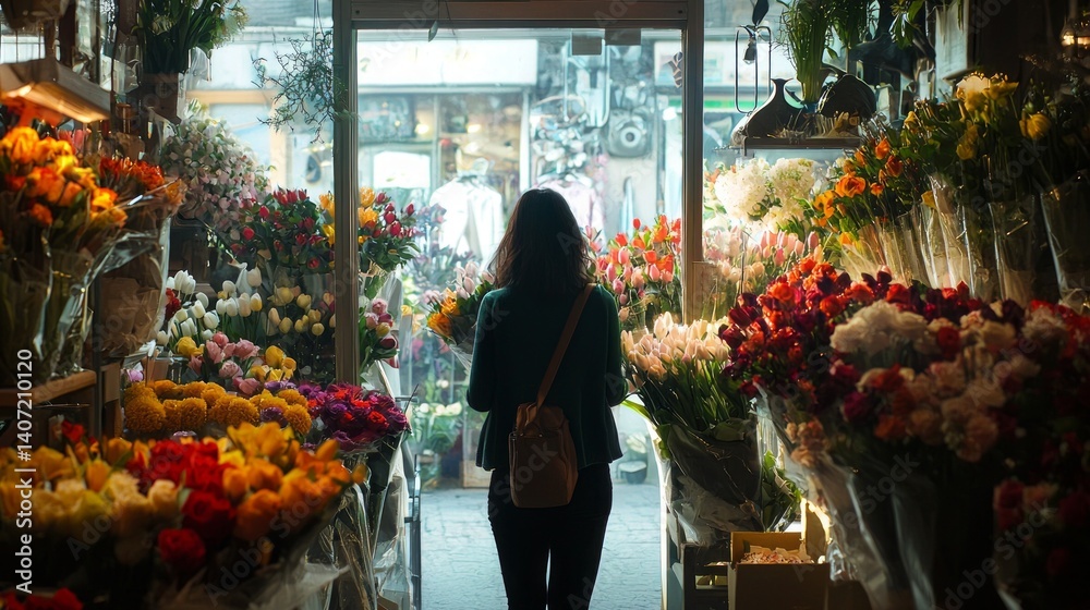 Woman in Flower Shop Surrounded by Colorful Bouquets at Sunset