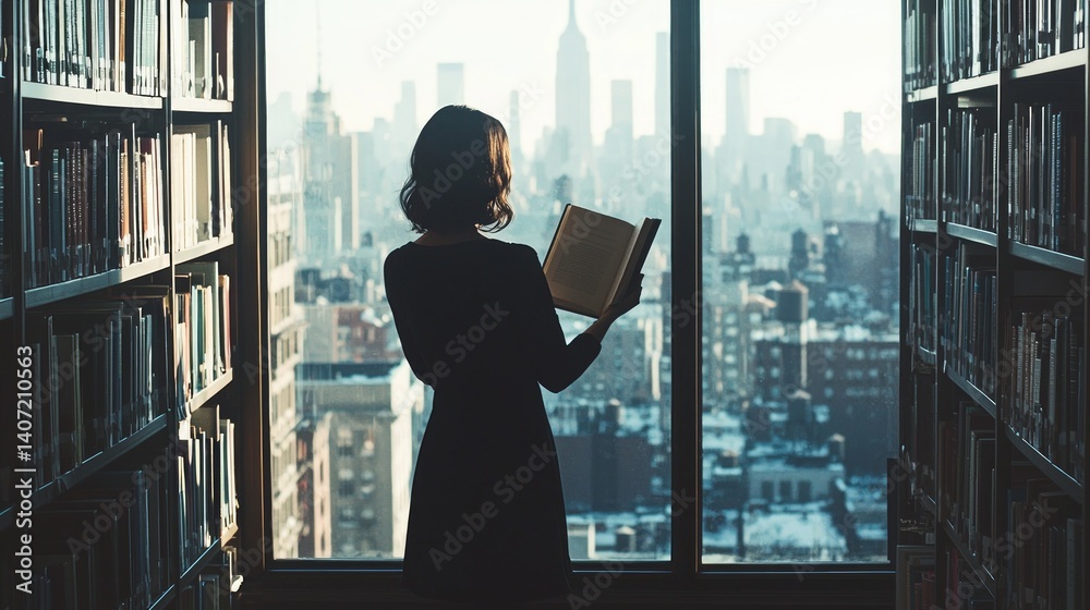 Woman Reading in Library with City Skyline View and Tall Buildings