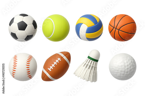 3D icon set of sports equipment: soccer ball, football, basketball, tennis racket, baseball bat, baseball glove, golf club, badminton shuttlecock. 3d icon set isolated