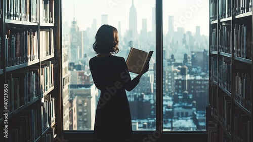 Obraz na płótnie Woman Reading in Library with City Skyline View and Tall Buildings w salonie