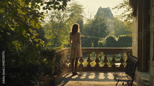 Woman in White Dress Gazing at Romantic Garden in Morning Light