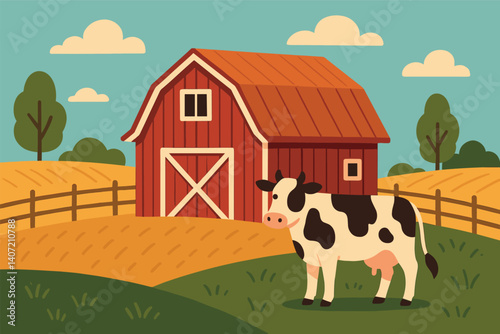 Idyllic farm scene with cow in front of red barn and fields
