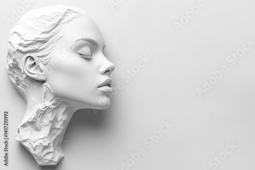 A serene, minimalist sculpture of a female head with flowing hair, eyes closed