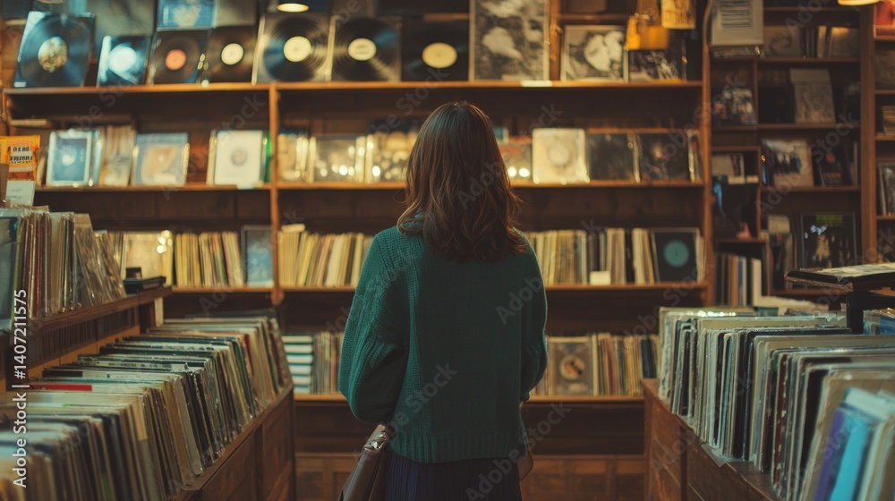 Intimate Scene in a Cozy Record Store with Vintage Vinyl Collection