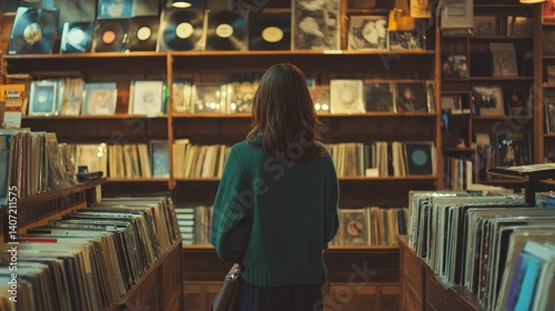 Obraz na płótnie Intimate Scene in a Cozy Record Store with Vintage Vinyl Collection w salonie