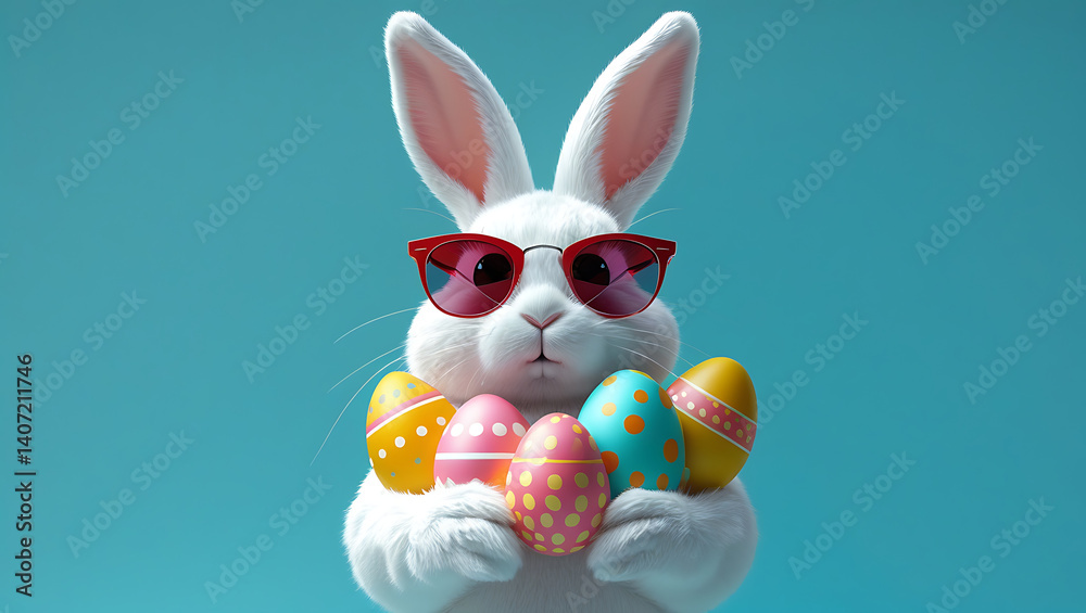 Fototapeta premium Stylish Easter bunny dressed for spring fun, wearing retro pink sunglasses and holding colorful speckled eggs against a turquoise backdrop. A modern twist on classic holiday charm and cuteness