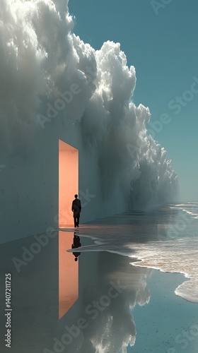 The Journey Begins: A lone figure walks towards a glowing doorway that leads into a surreal landscape of clouds and reflecting water. This intriguing image evokes a sense of wonder and possibility.