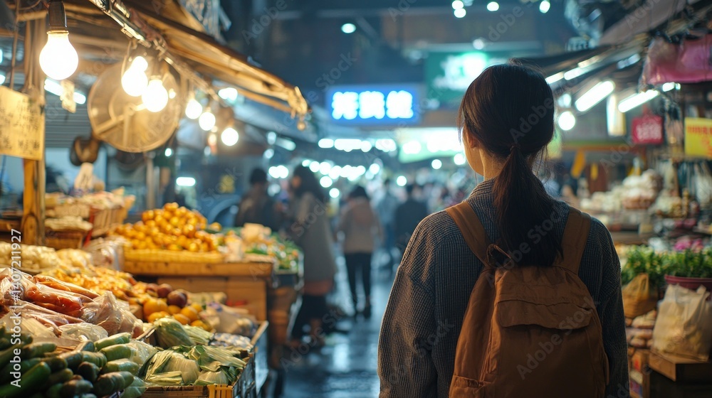 Woman in Market Exploring Vibrant Stalls at Night in Romance Scene
