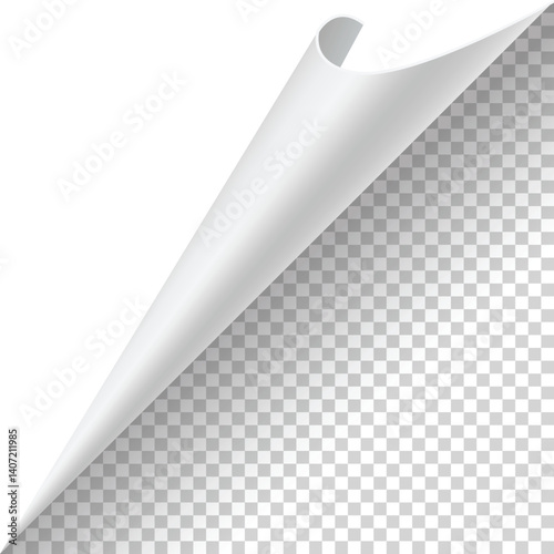 Curled paper corner. Curve page corner, page edge curl and bent paper sheet with realistic shadow. Paper corner fold isolated on white background