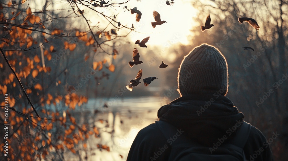 Cozy Scene with Person, Birds, and Nature at Sunset in Autumn