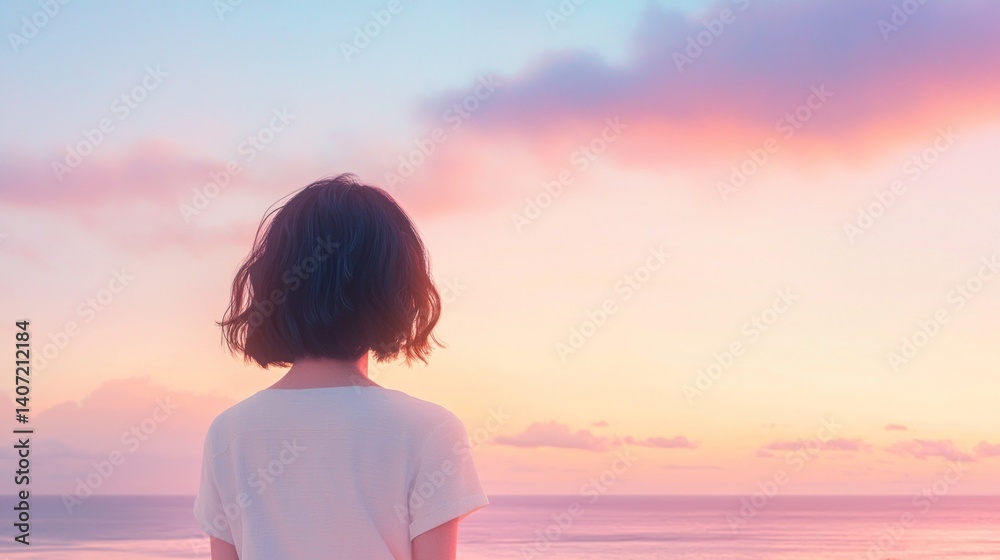 Serene Sunset Scene with Young Woman Contemplating the Ocean View