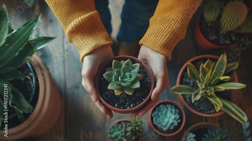 Obraz na płótnie Hands Holding Succulent Plant in Cozy Indoor Garden Scene w salonie