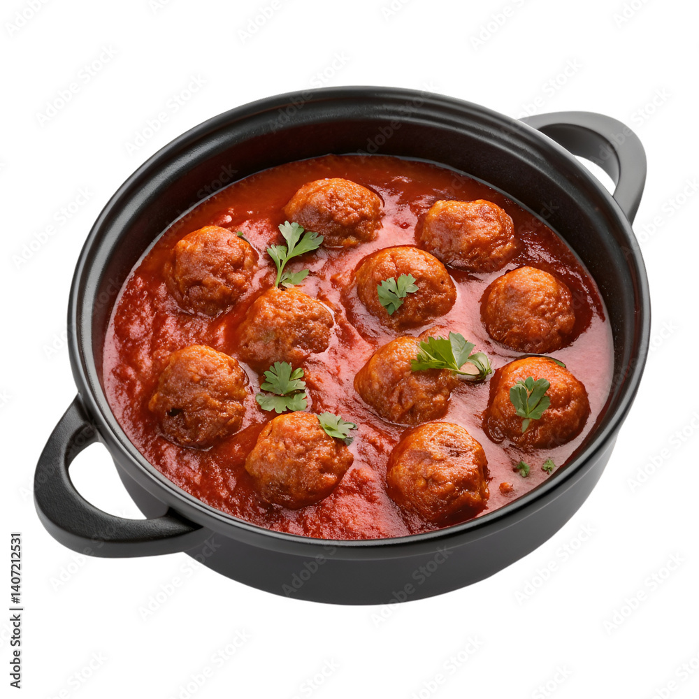 Fototapeta premium Meatballs in tomato sauce in a black pot isolated on white background.