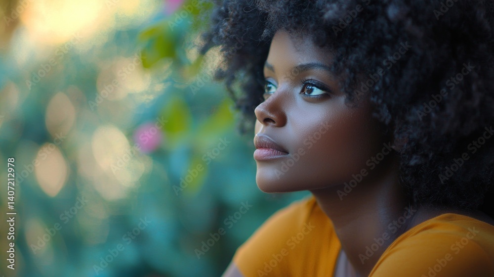 Thoughtful Woman in Romantic Setting with Lush Greenery Background