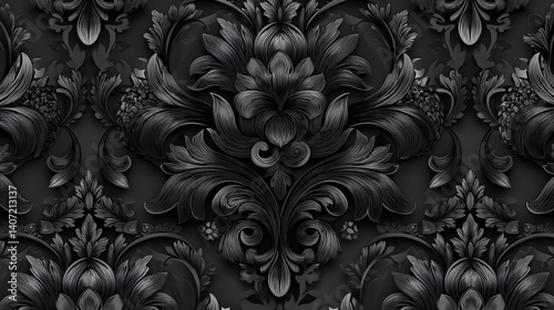 Dark Intricate Floral Pattern on Black Background with Realistic Texture and Lighting
