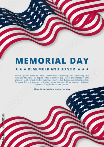 Memorial Day background with waving American flag decoration. Vector design for American memorial day. Waving United States flag vector design.