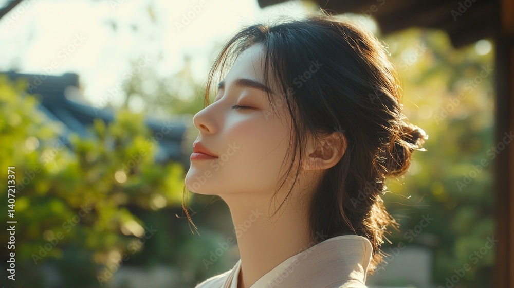 Serene Woman Outdoors in Natural Light Capturing Romantic Moments