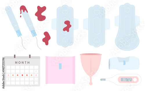 月経・生理用品のベクターイラストセット (編集可能 period 生理用ナプキン 月経カップ タンポン)