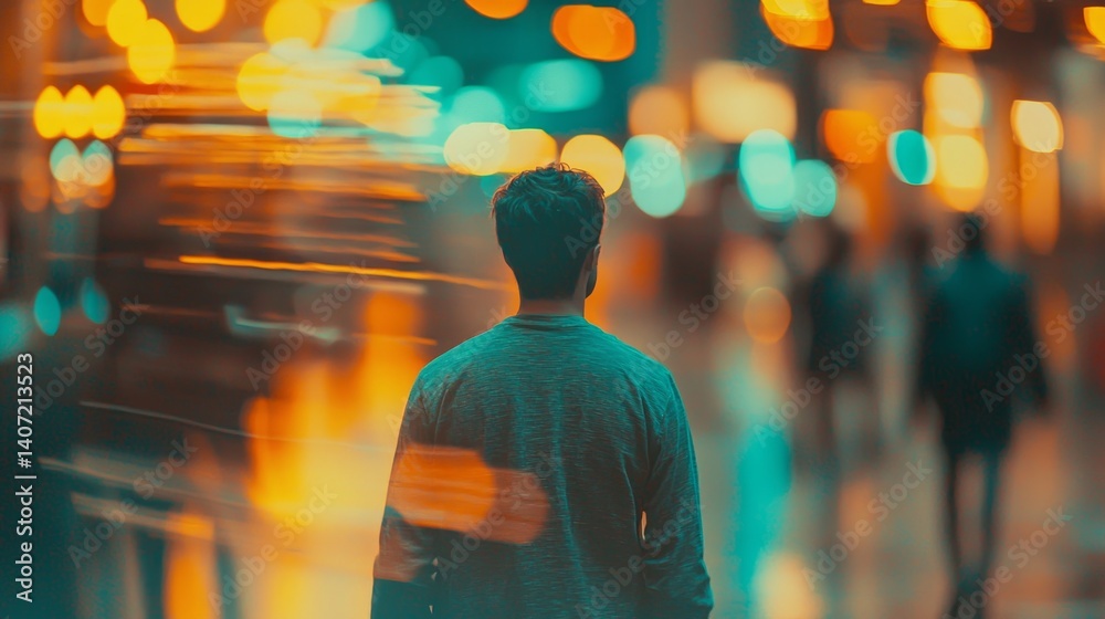 Dreamy Night Scene of a Man Walking Through a Vibrant Urban Setting