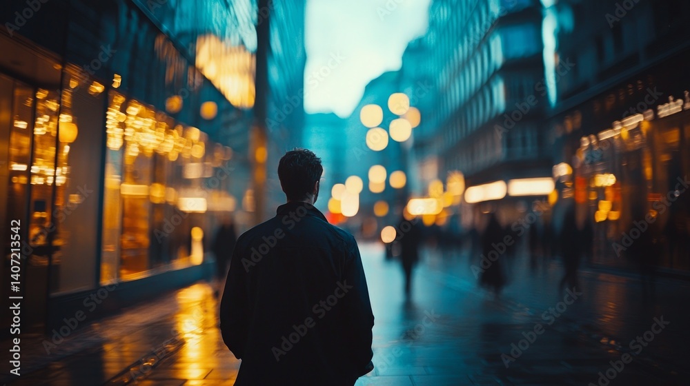 Romantic Movie Scene with a Person Walking in a City at Dusk