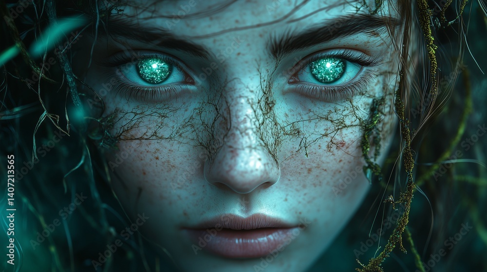 Fototapeta premium A mesmerizing ethereal forest goddess with glowing emerald eyes, intricate vines and moss growing on her skin, bioluminescent freckles, enchanted mystical aura