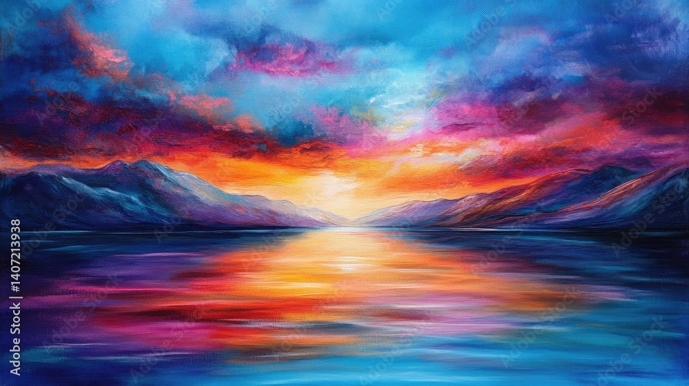 Fototapeta premium Sunset over the sea with silhouettes of distant mountains and colorful clouds mirrored on the water surface