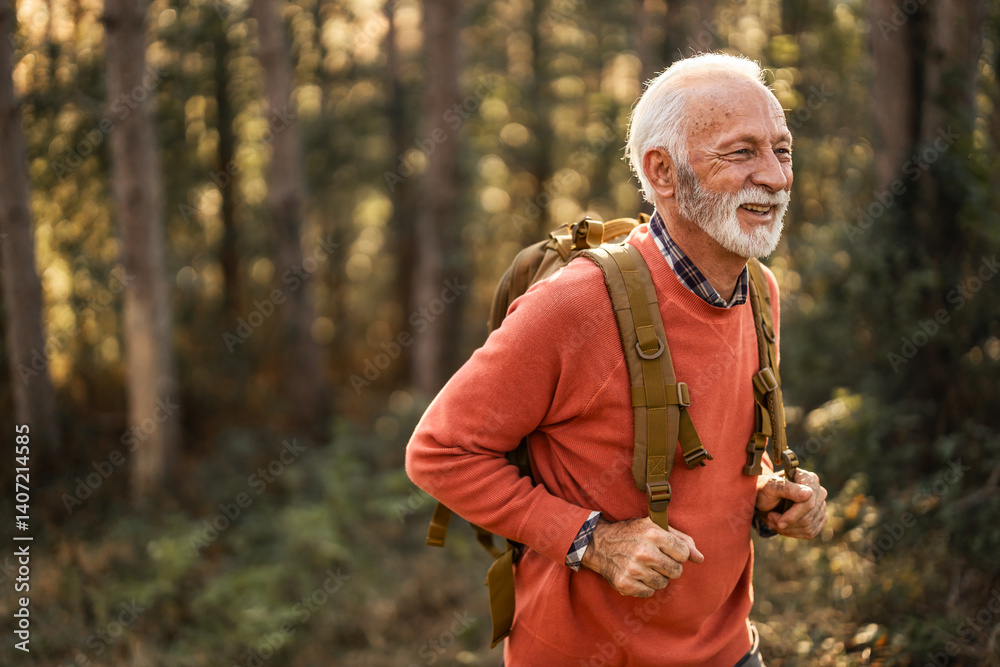 Happy Senior Hiking in Green Forest With Backpack Outdoor Adventure