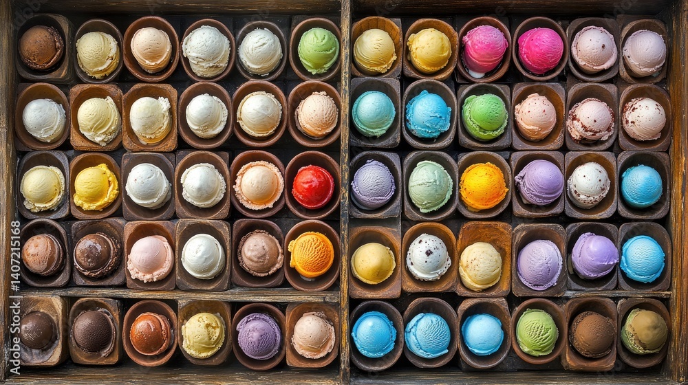 Tightly packed ice cream cones in a wooden stand, each a different flavor and color Tightly packed ice cream cones in a wooden stand, each a different flavor and color