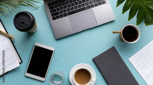 Collaborative Workspace with Digital Devices and Coffee photo