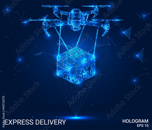 Drone delivery hologram. Drone delivery is made of polygons, triangles, dots, and lines. Drone delivery is a low-poly compound structure. Technology concept vector.