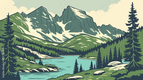 Flat design of Rocky Mountain National Park with lakes and peaks – Colorado
