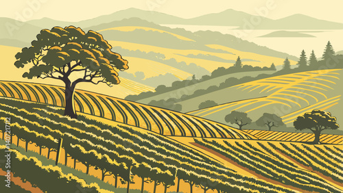 Vineyard landscape with mountains in Napa Valley – California
