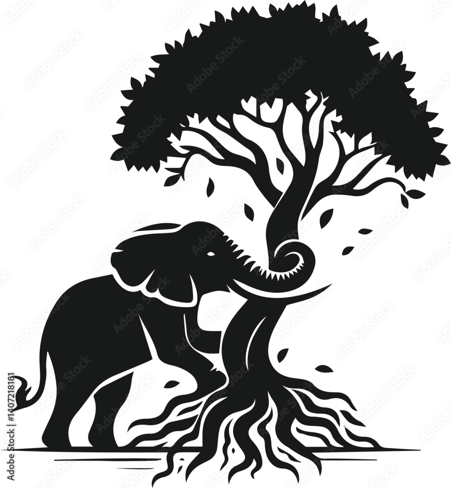 Fototapeta premium Elephant with tree vector animal silhouette
