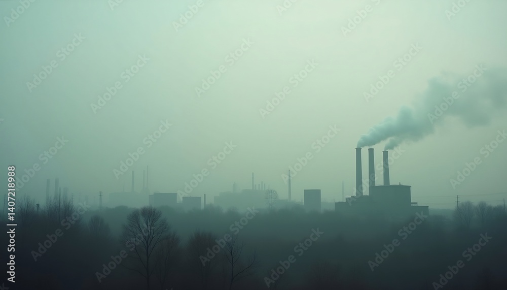 Obraz premium Smog-Covered Skyline: A somber cityscape obscured by a thick layer of smog, with industrial smokestacks spewing plumes of pollution into the air, highlighting the environmental impact of industry.