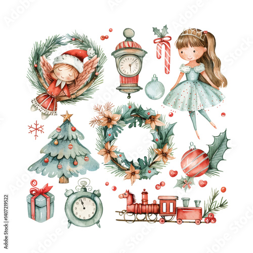 Features charming Christmas-themed illustrations: an angel, Christmas tree, clock, wreath, gifts, and a train, all in soft colors