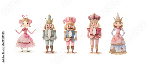 showcases whimsical Nutcracker characters: a girl and four soldiers in colorful outfits, exuding charm and festive spirit.