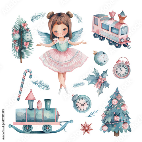 Features charming Christmas-themed illustrations: an angel, Christmas tree, clock, wreath, gifts, and a train, all in soft colors