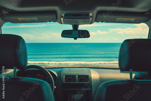 View through a car windshield of a serene ocean landscape with calm waves under a clear sky.