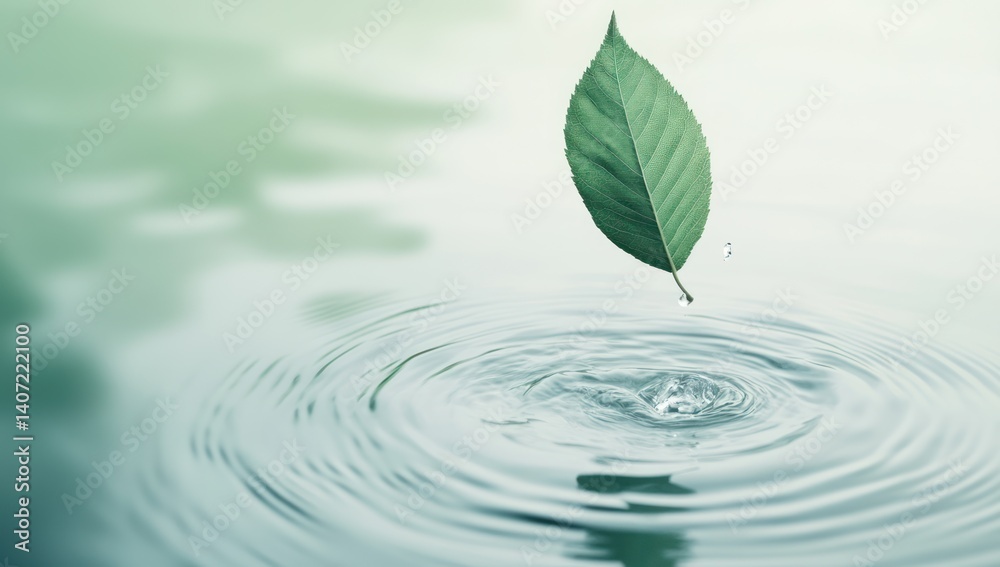 Green leaf falling onto water creating ripples in a serene environment. Green leaf falling onto water creating ripples in a serene environment.